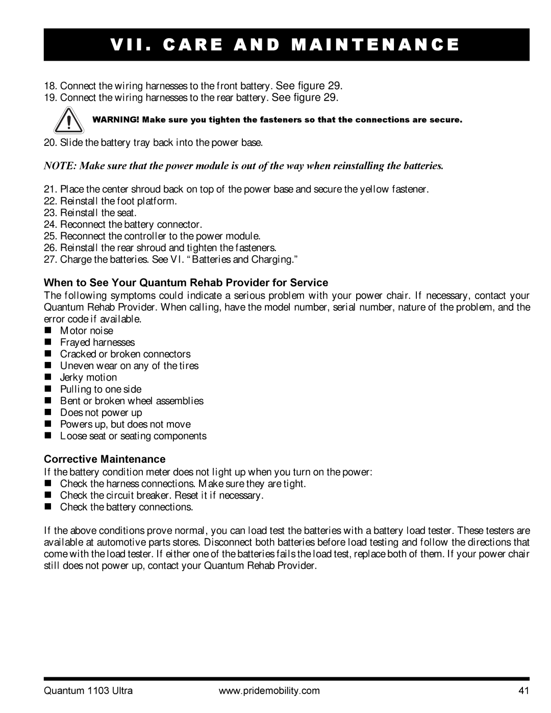 Quantum 1103 Ultra 2SP, 1103 Series manual When to See Your Quantum Rehab Provider for Service, Corrective Maintenance 