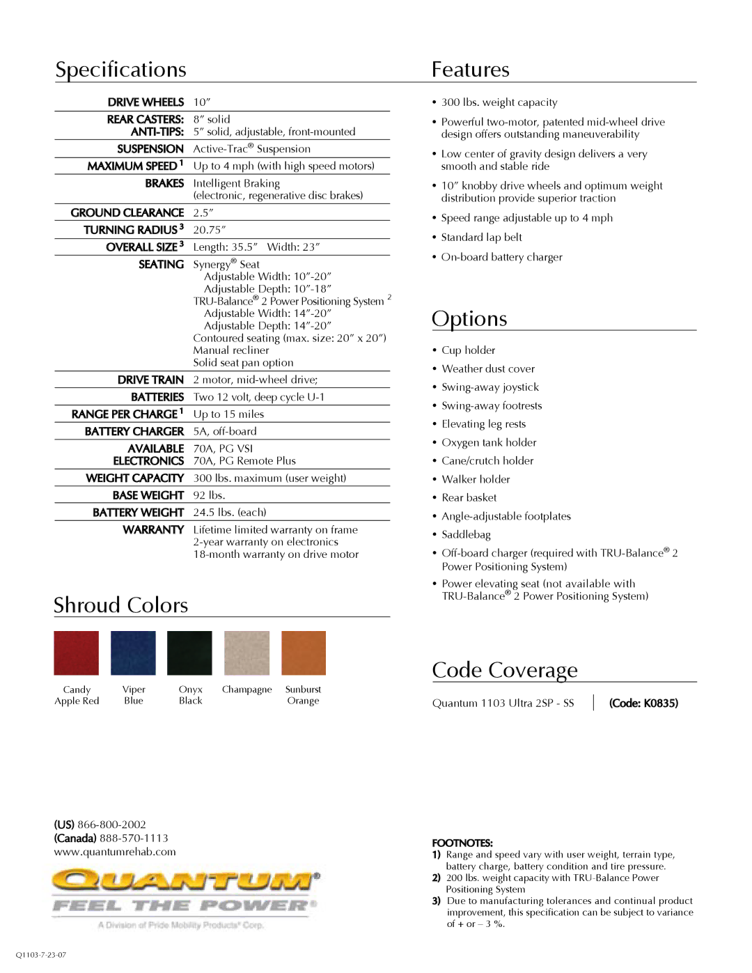 Quantum 1103 Ultra manual Features, Options, Code Coverage 