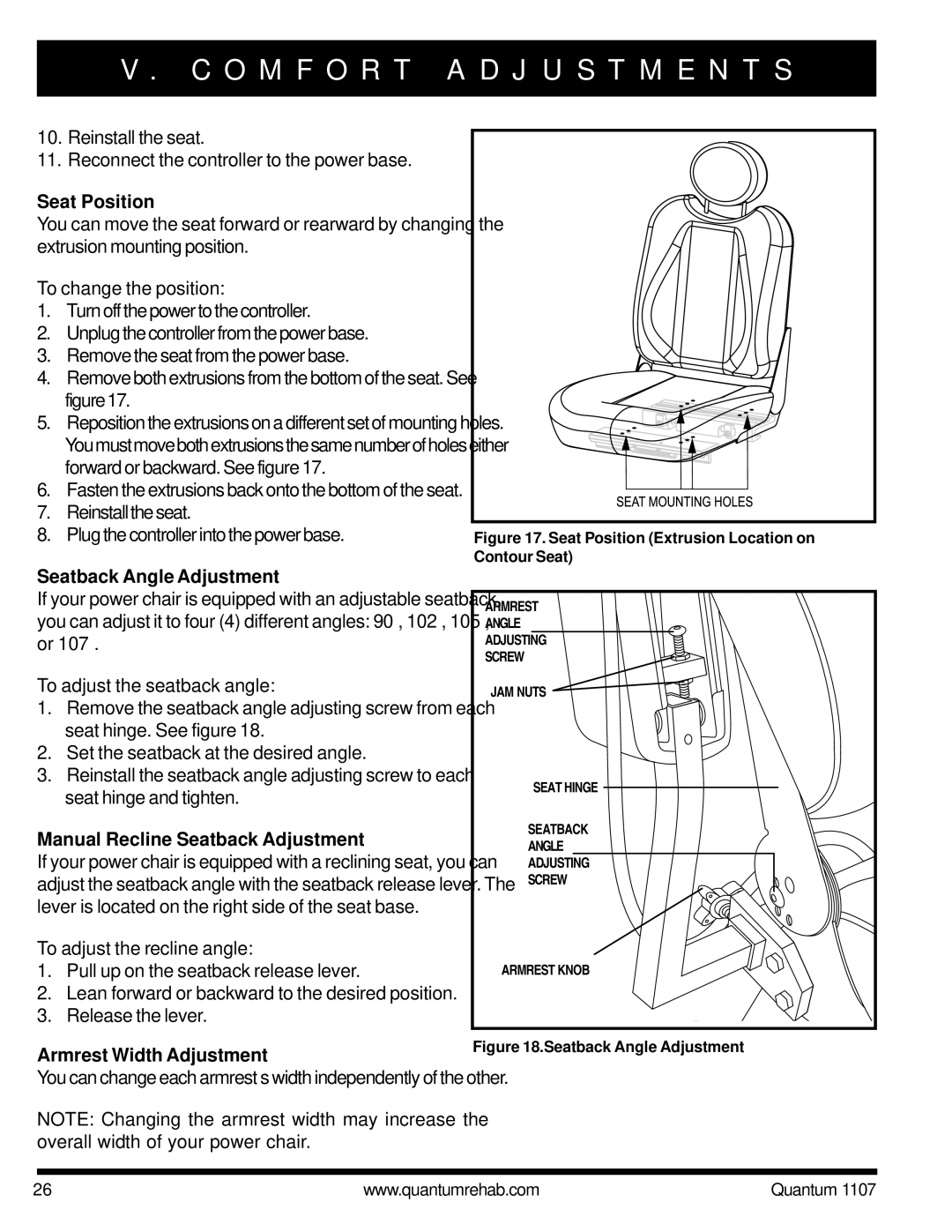 Quantum 1107 Seat Position, Seatback Angle Adjustment, Manual Recline Seatback Adjustment, Armrest Width Adjustment 