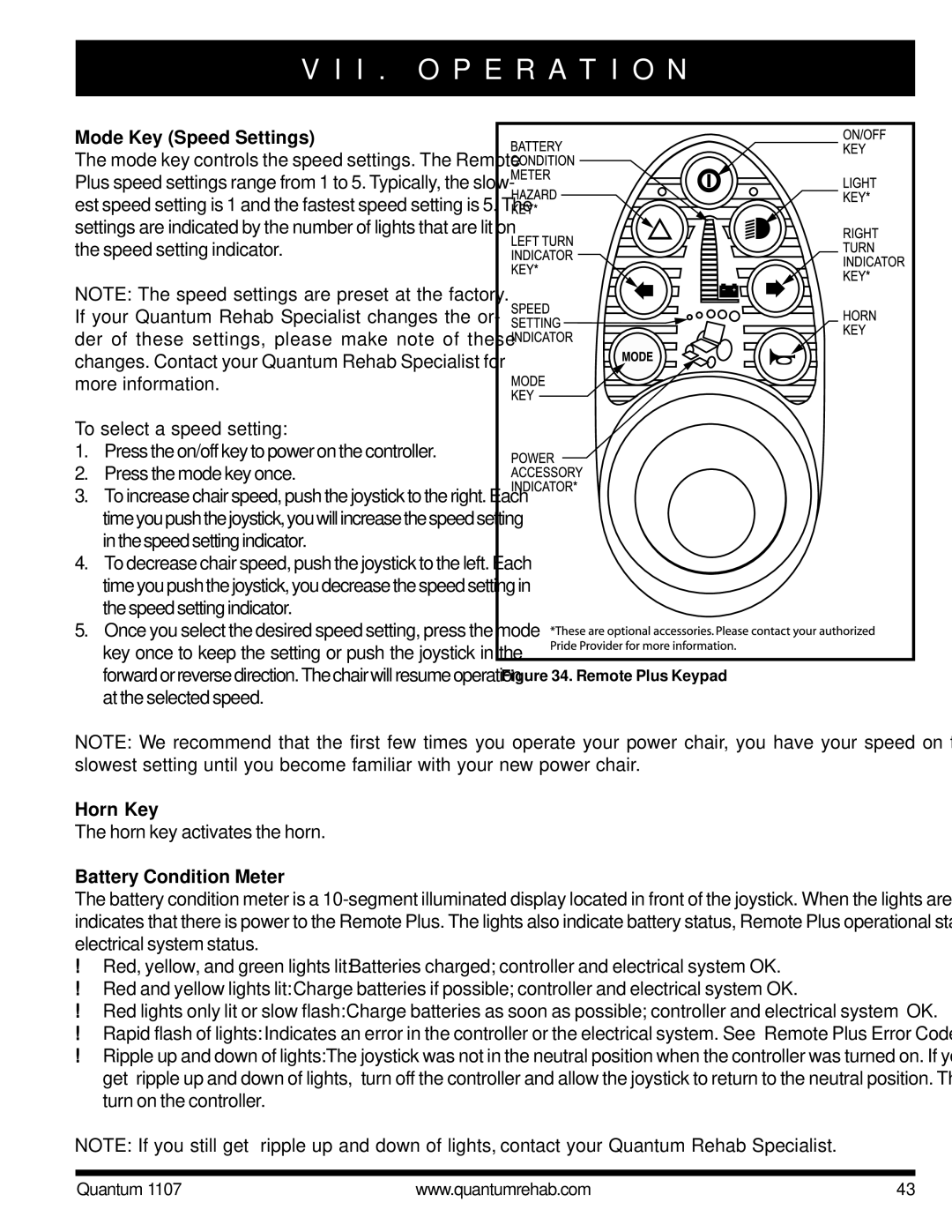 Quantum 1107 owner manual Mode Key Speed Settings, To select a speed setting 