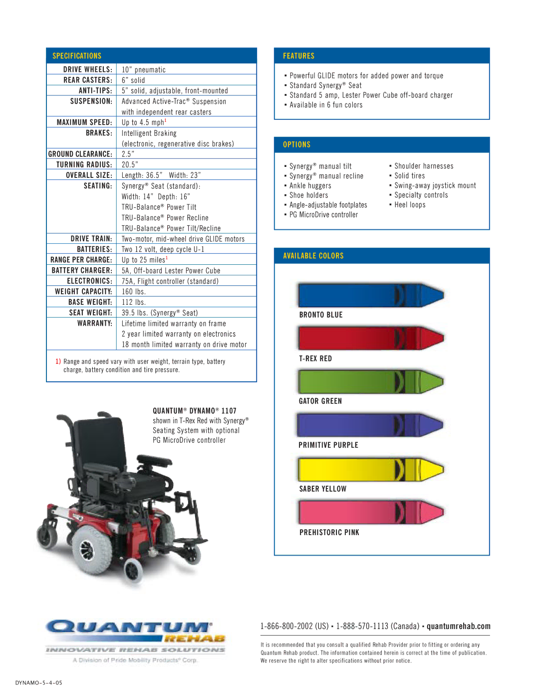 Quantum 1107 manual US -888-570-1113 Canada . quantumrehab.com, Specifications, Features, Options, Available Colors 