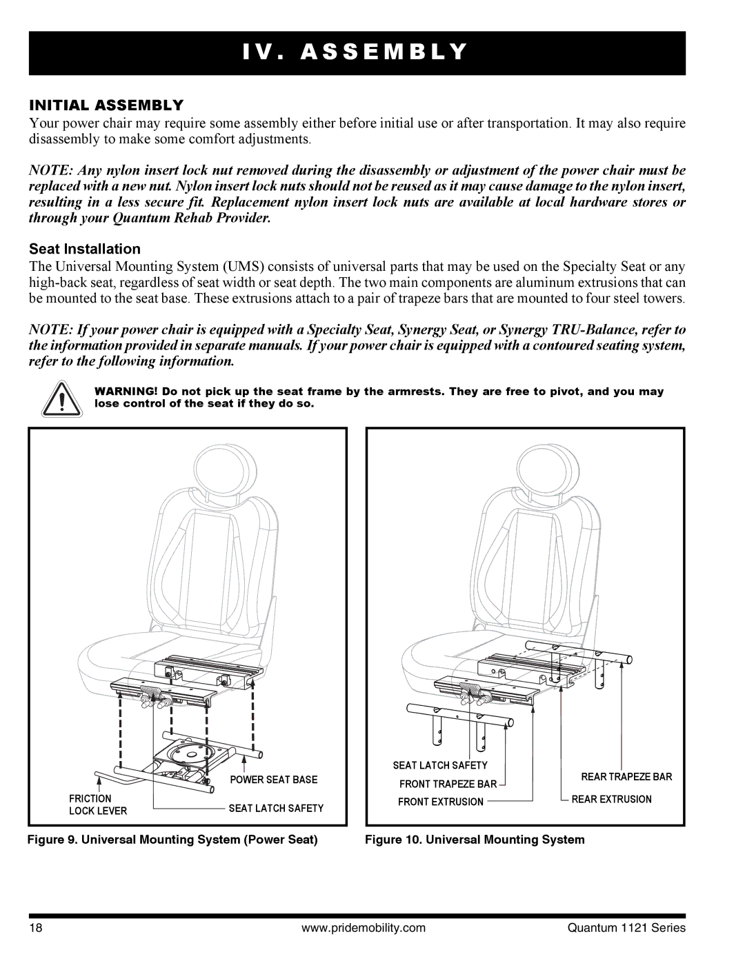 Quantum 1121 3MP, 1121 3SP manual A S S E M B L Y, Initial Assembly, Seat Installation 