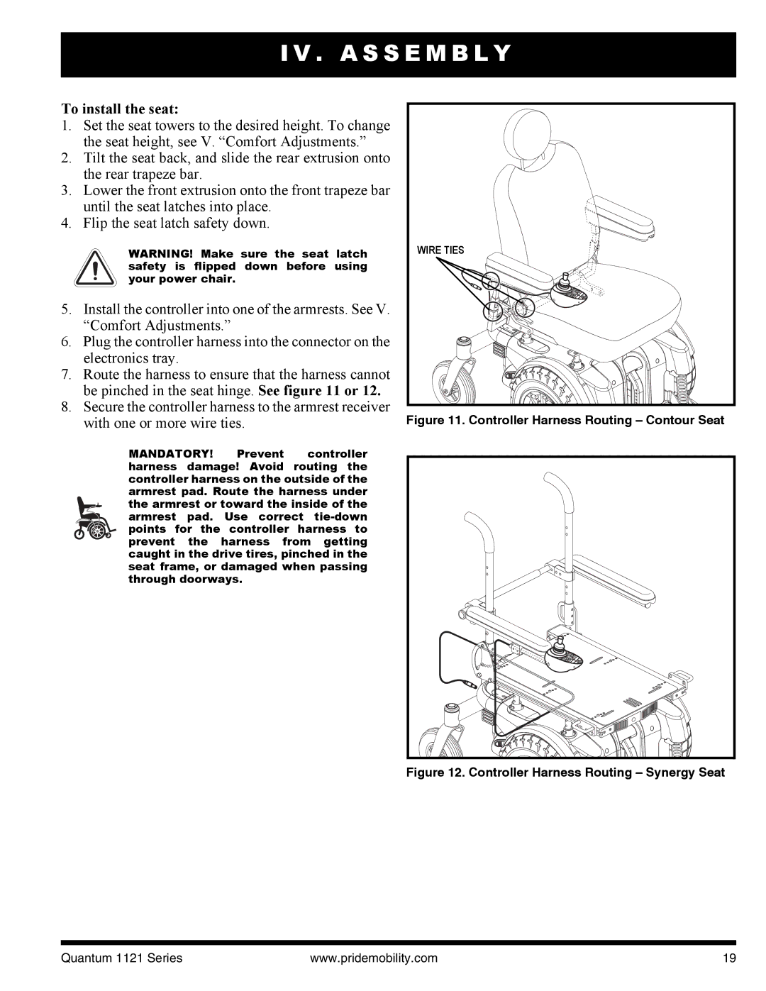 Quantum 1121 3SP, 1121 3MP manual To install the seat, Controller Harness Routing Contour Seat 