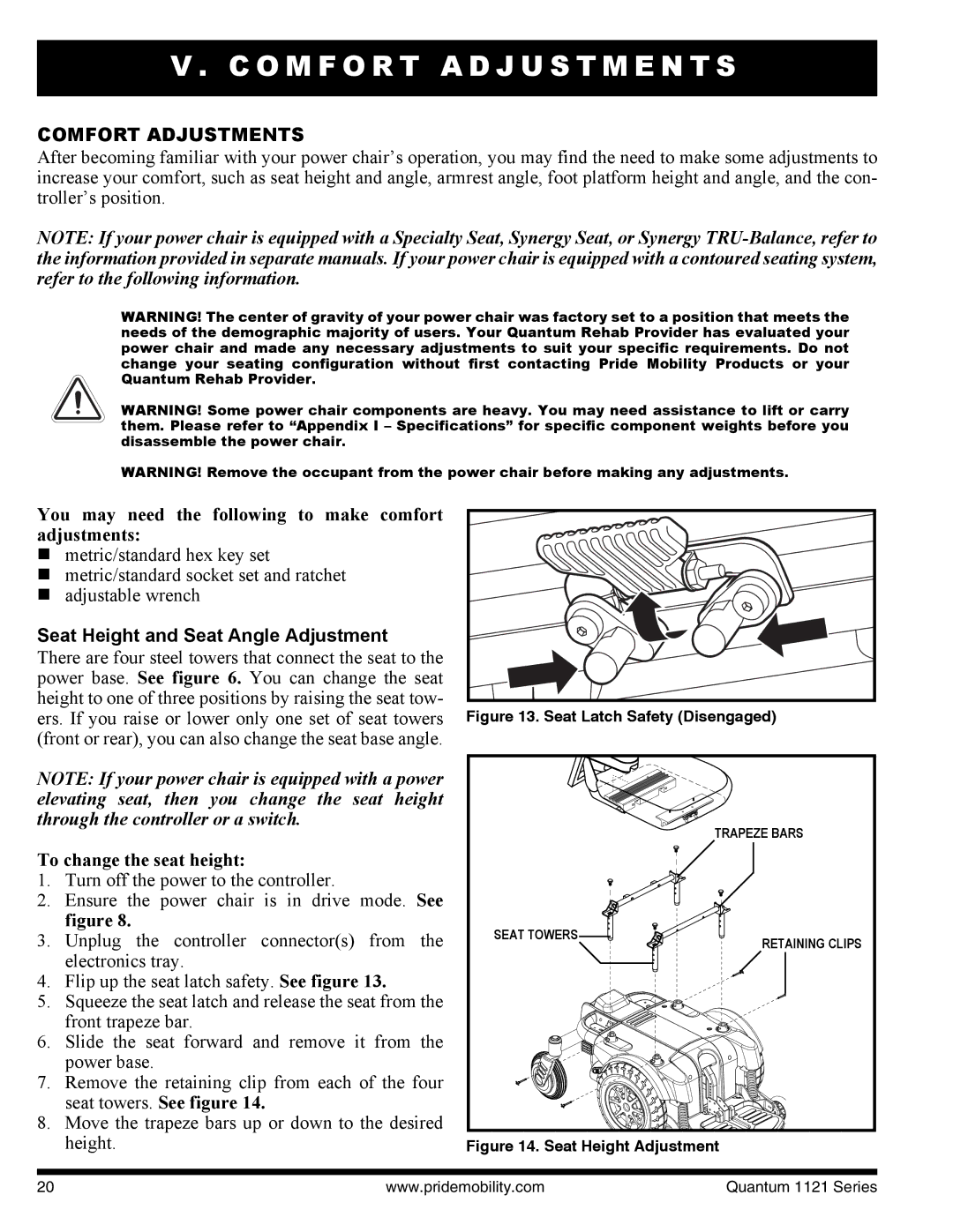 Quantum 1121 3MP, 1121 3SP O M F O R T a D J U S T M E N T S, Comfort Adjustments, Seat Height and Seat Angle Adjustment 