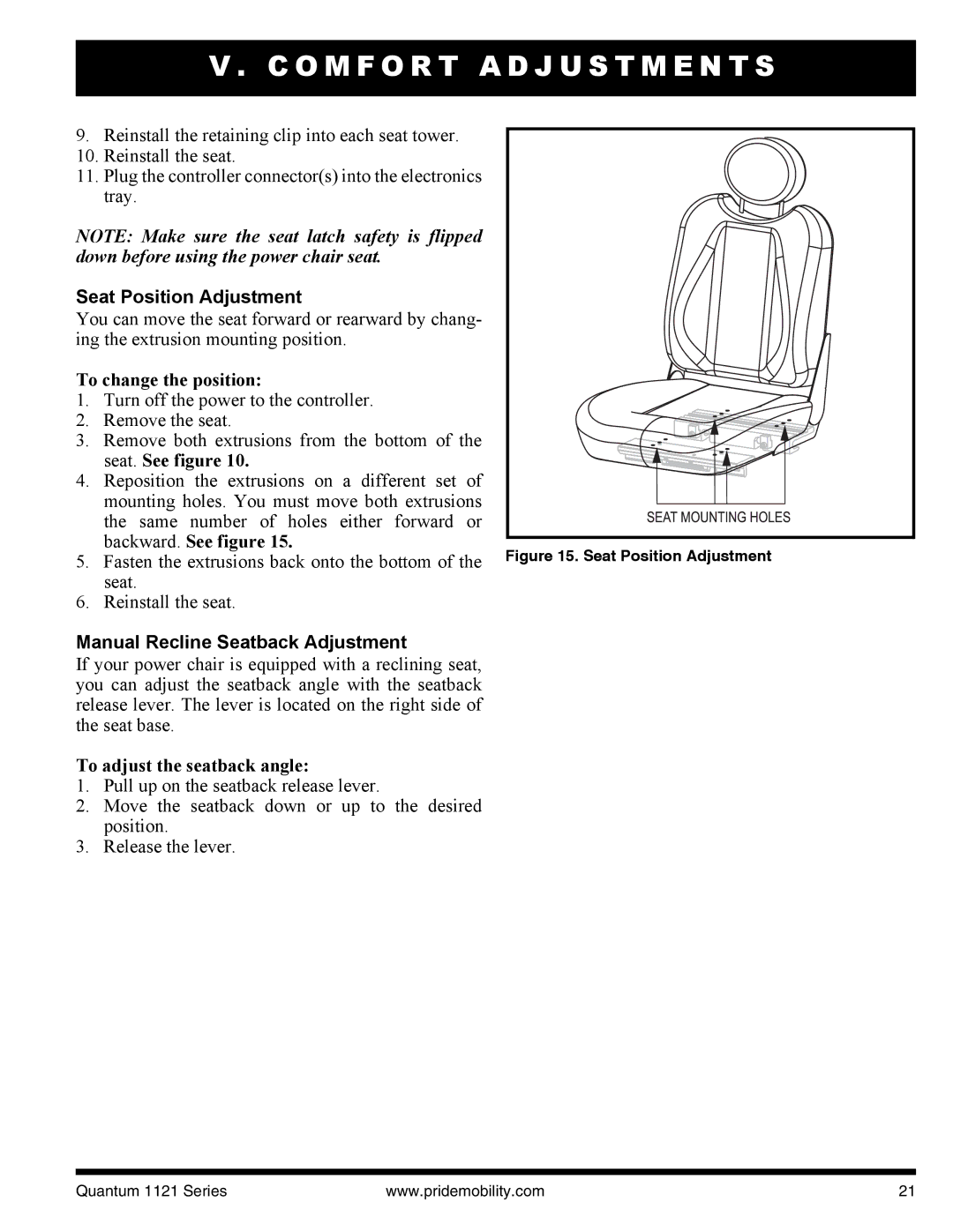 Quantum 1121 3SP, 1121 3MP manual Seat Position Adjustment, Manual Recline Seatback Adjustment 