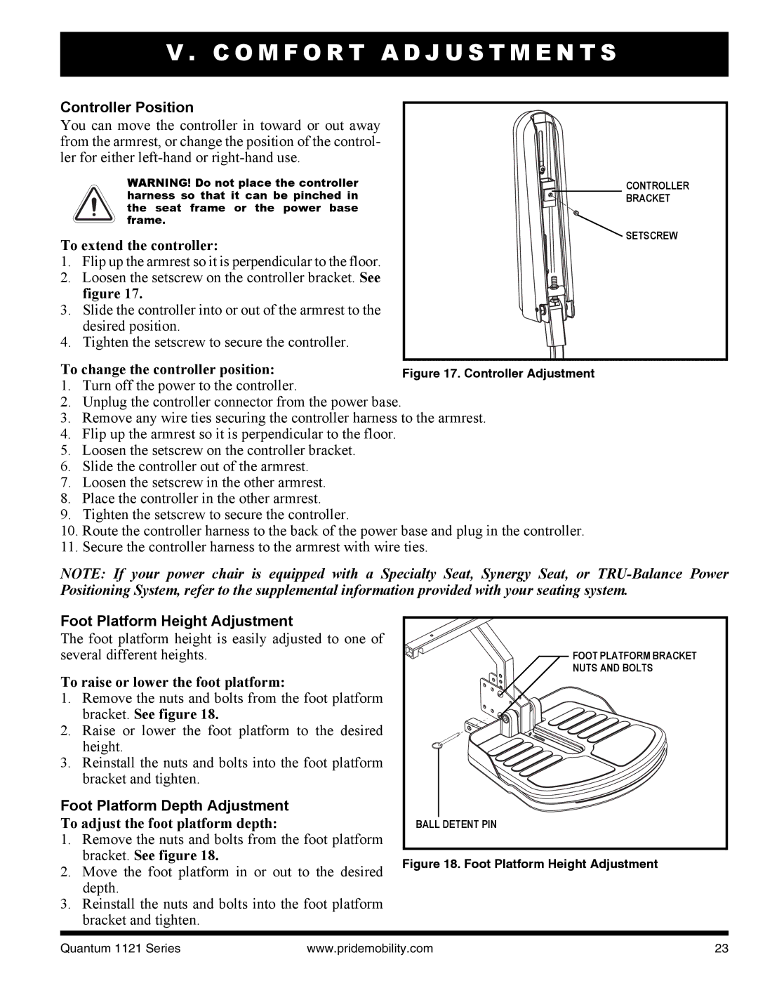 Quantum 1121 3SP, 1121 3MP manual Controller Position, Foot Platform Height Adjustment, Foot Platform Depth Adjustment 