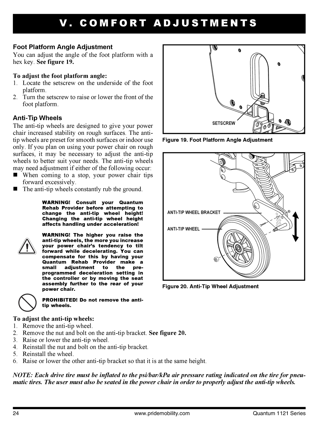 Quantum 1121 3MP, 1121 3SP manual Foot Platform Angle Adjustment, To adjust the foot platform angle, Anti-Tip Wheels 