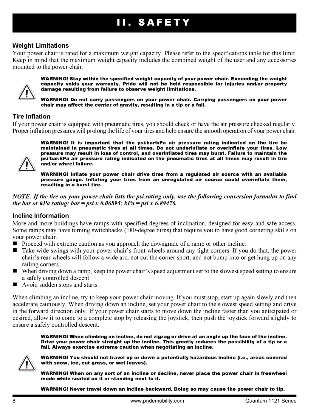 Quantum 1121 3MP, 1121 3SP manual Weight Limitations, Tire Inflation, Incline Information 