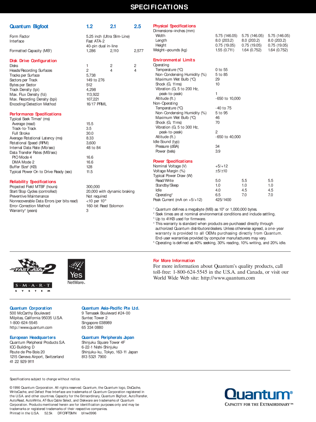 Quantum 1.2AT Disk Drive Configuration, Performance Specifications, Reliability Specifications, Physical Specifications 