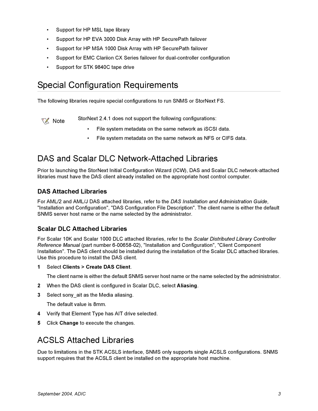 Quantum 2.4.1 Special Configuration Requirements, DAS and Scalar DLC Network-Attached Libraries, Acsls Attached Libraries 