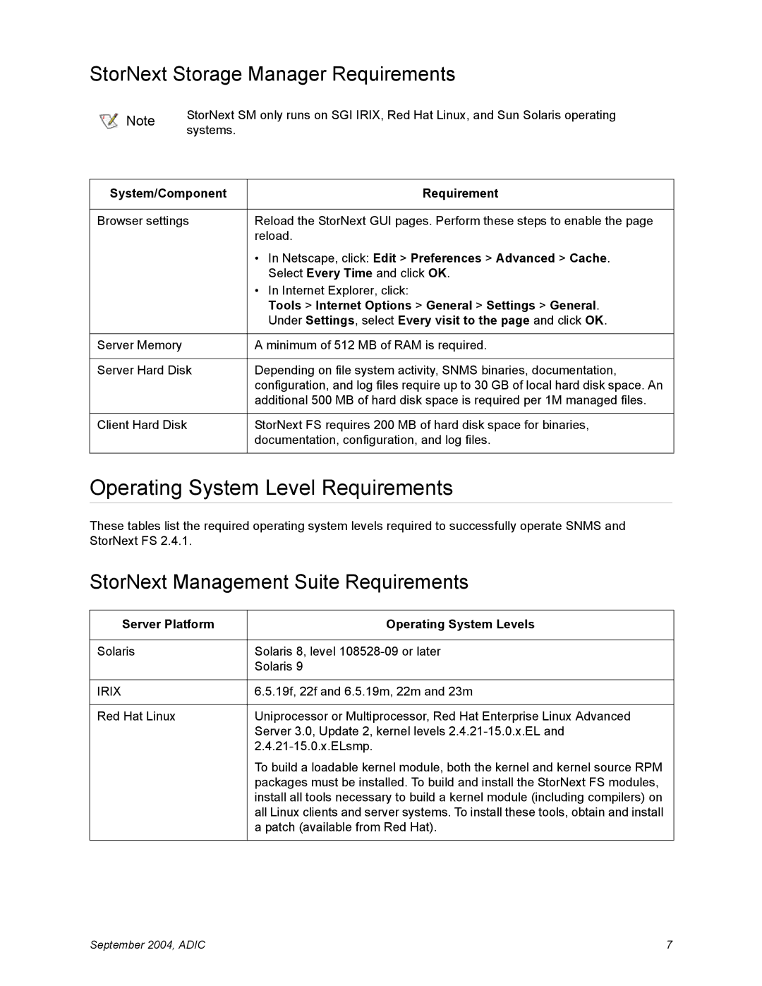 Quantum 2.4.1 manual Operating System Level Requirements, StorNext Storage Manager Requirements 