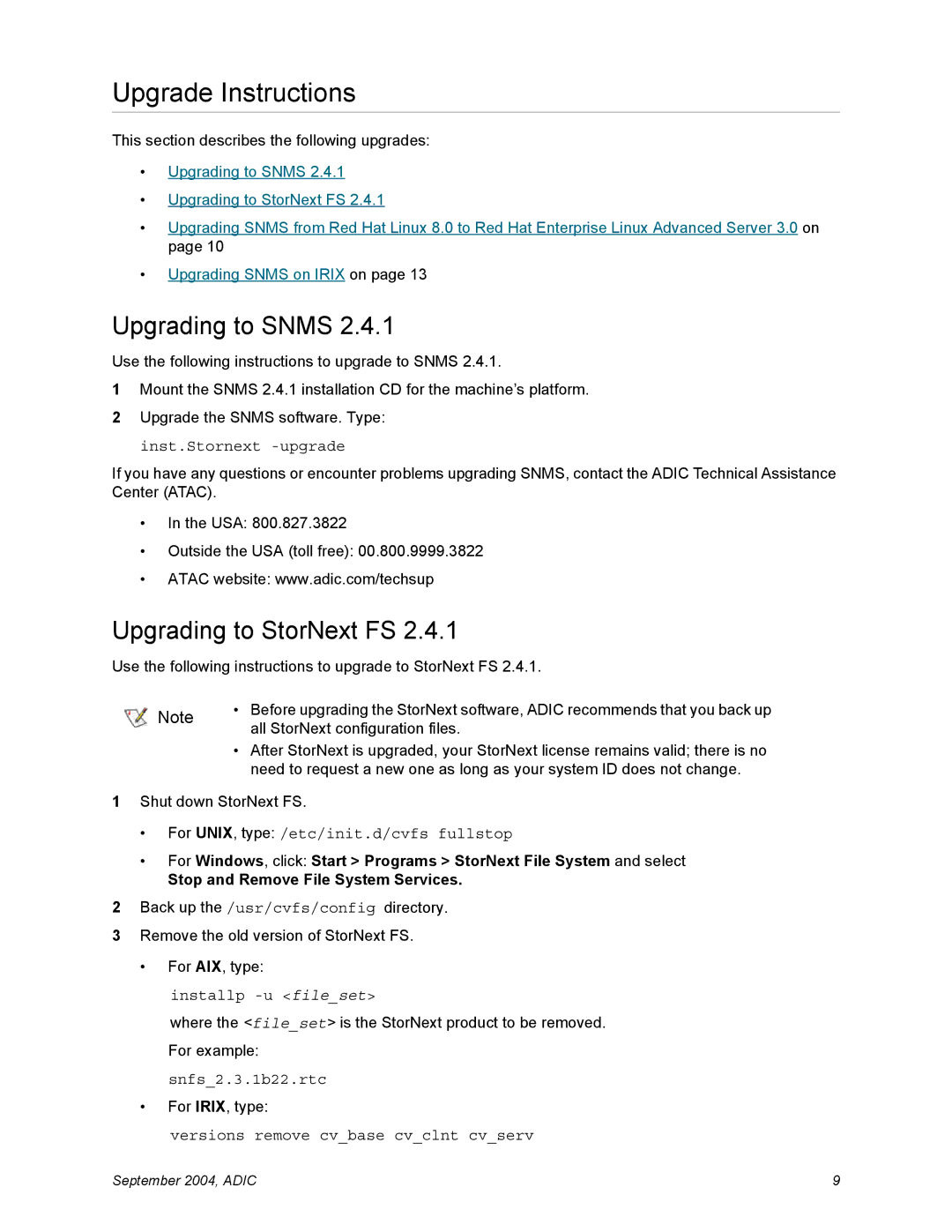 Quantum 2.4.1 manual Upgrade Instructions, Upgrading to Snms, Upgrading to StorNext FS 