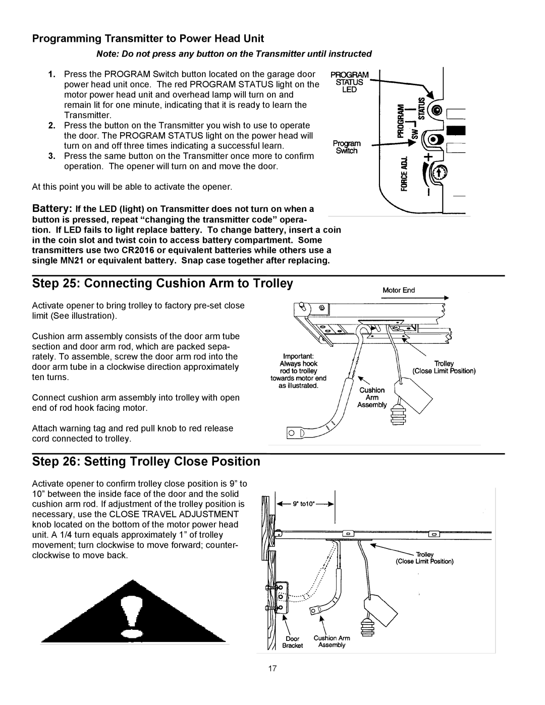 Quantum 3214, 3314, 3414, 3316 user manual Connecting Cushion Arm to Trolley, Setting Trolley Close Position 