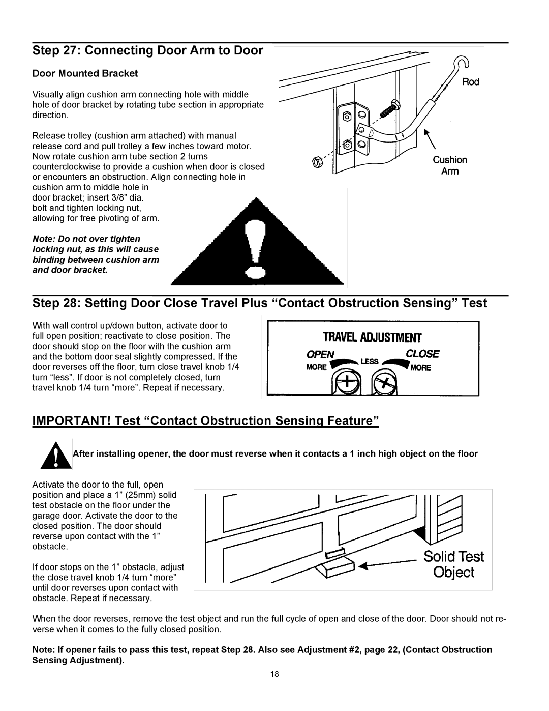 Quantum 3414, 3314, 3214, 3316 user manual Connecting Door Arm to Door, IMPORTANT! Test Contact Obstruction Sensing Feature 