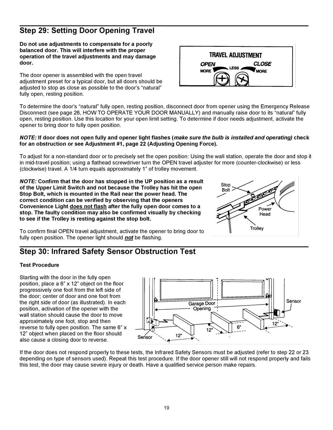 Quantum 3316, 3314, 3214, 3414 user manual Setting Door Opening Travel, Infrared Safety Sensor Obstruction Test 