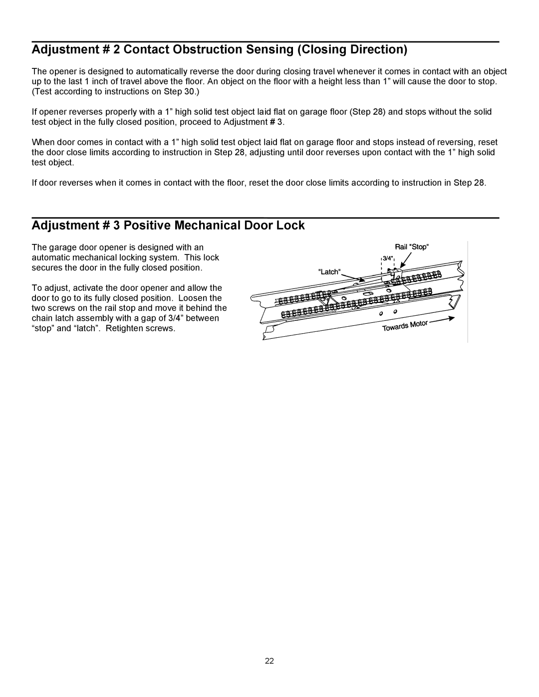 Quantum 3414 Adjustment # 2 Contact Obstruction Sensing Closing Direction, Adjustment # 3 Positive Mechanical Door Lock 