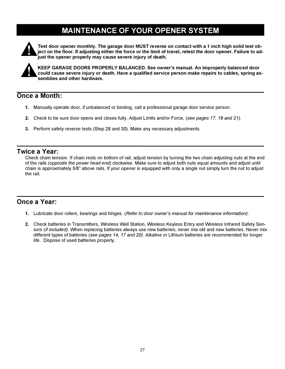 Quantum 3316, 3314, 3214, 3414 user manual Once a Month, Twice a Year, Once a Year 