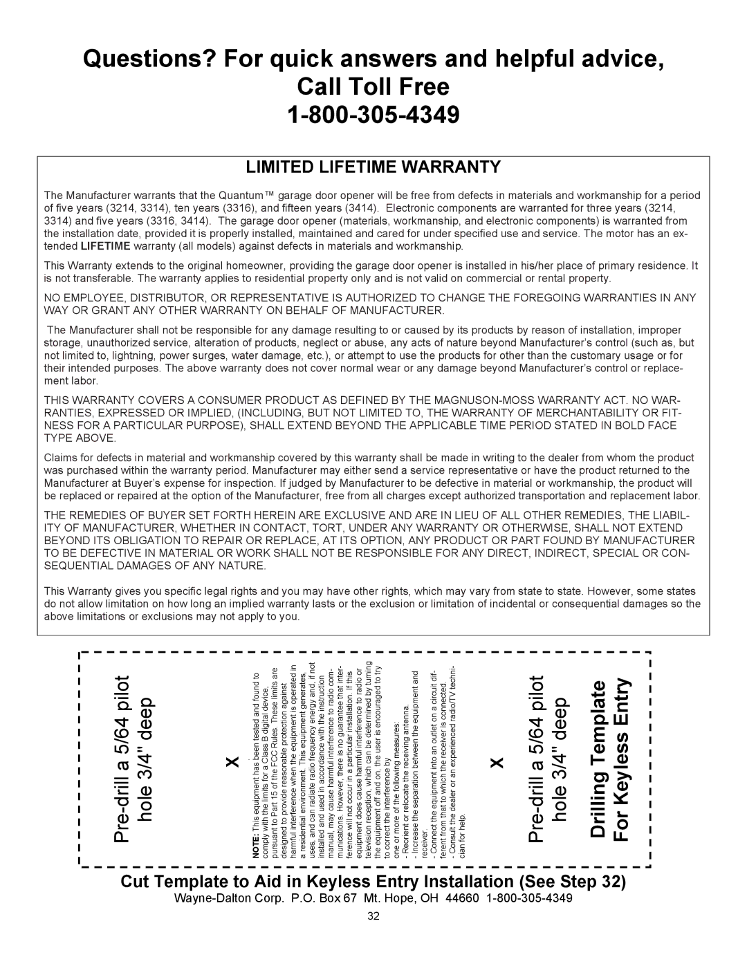 Quantum 3314, 3214, 3414, 3316 Limited Lifetime Warranty, Cut Template to Aid in Keyless Entry Installation See Step 
