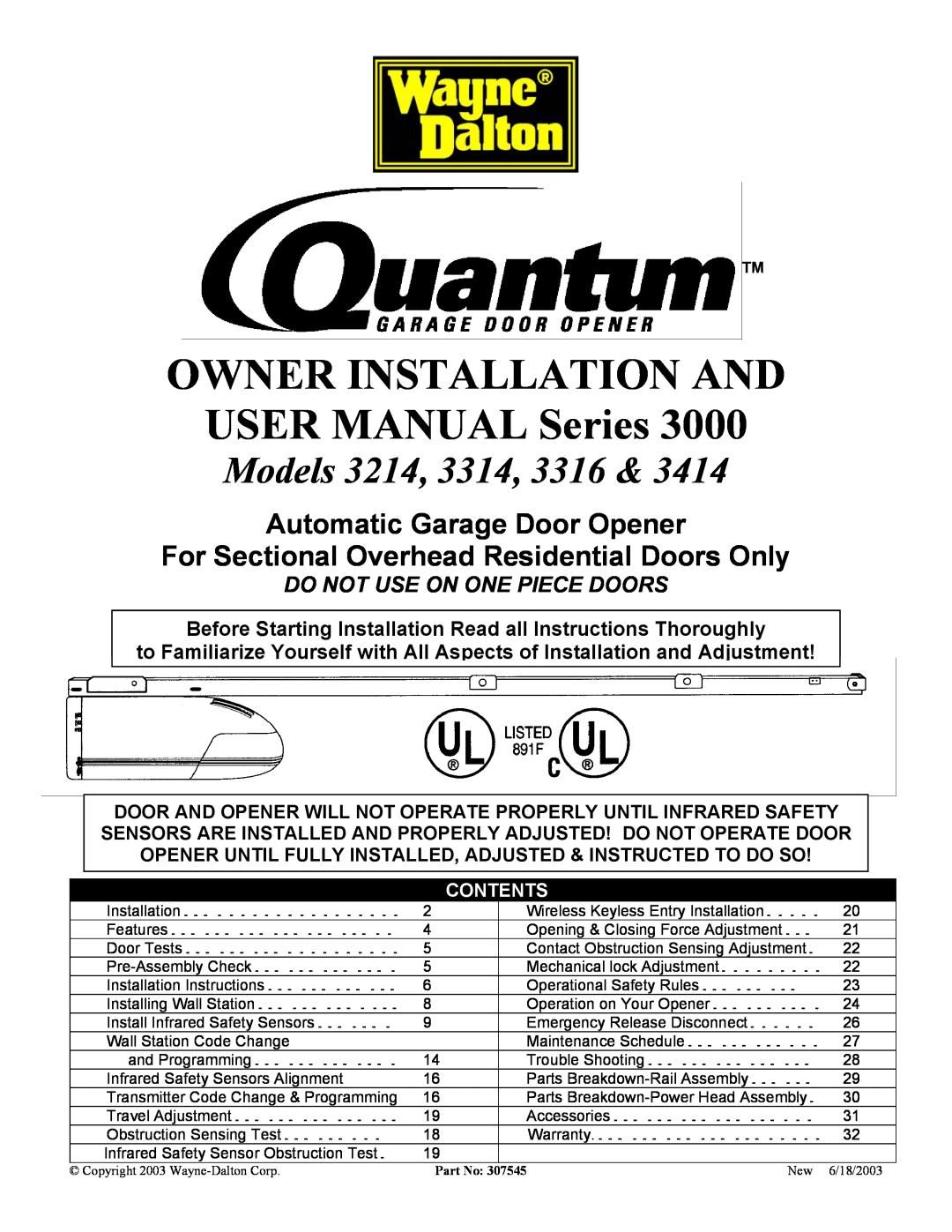 Quantum 3214, 3314, 3414, 3316 user manual Models, Do Not Use On One Piece Doors 