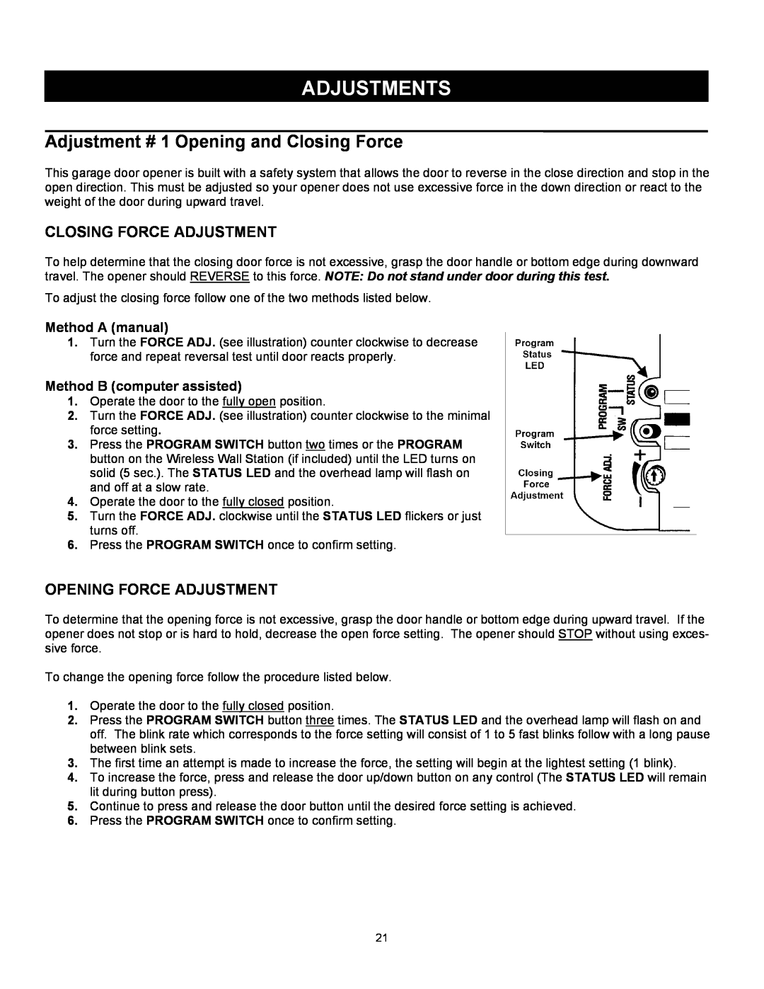 Quantum 3214 Adjustments, Closing Force Adjustment, Opening Force Adjustment, Method A manual, Method B computer assisted 