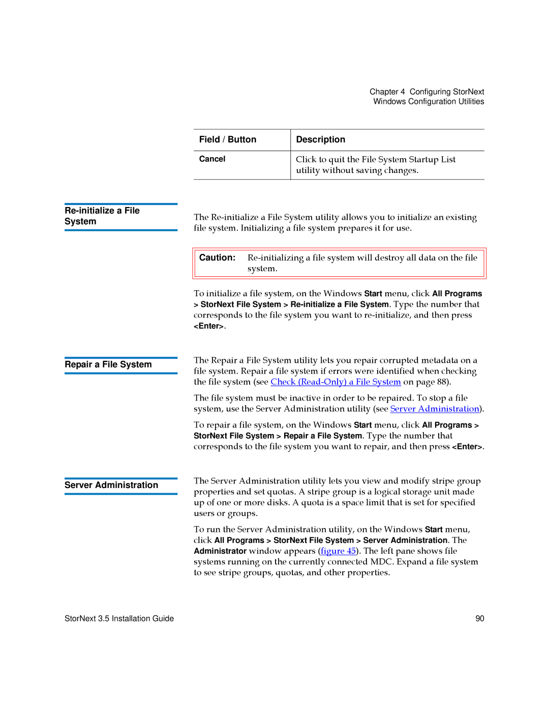 Quantum 3.5 manual Click to quit the File System Startup List, Utility without saving changes 