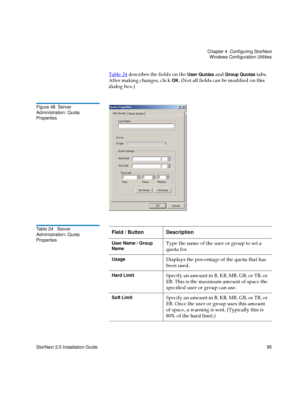 Quantum 3.5 manual Type the name of the user or group to set a, Quota for, Displays the percentage of the quota that has 