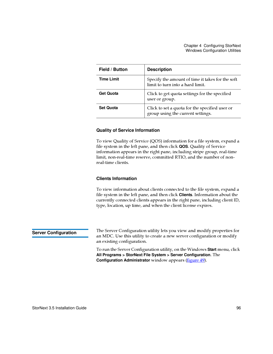 Quantum 3.5 manual Quality of Service Information, Clients Information, Server Configuration 