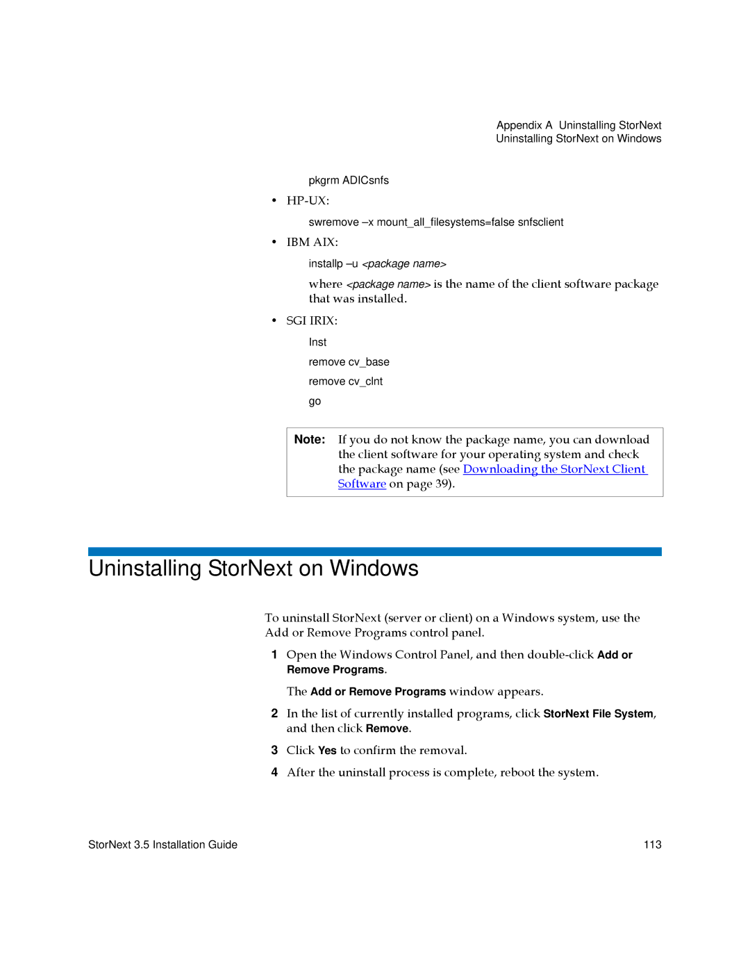 Quantum 3.5 manual Uninstalling StorNext on Windows, Hp-Ux 