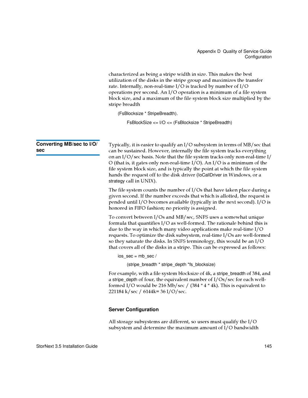 Quantum 3.5 manual Converting MB/sec to I/O/ sec, Server Configuration 