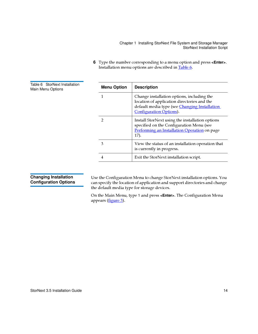 Quantum 3.5 manual Menu Option Description, Changing Installation Configuration Options 