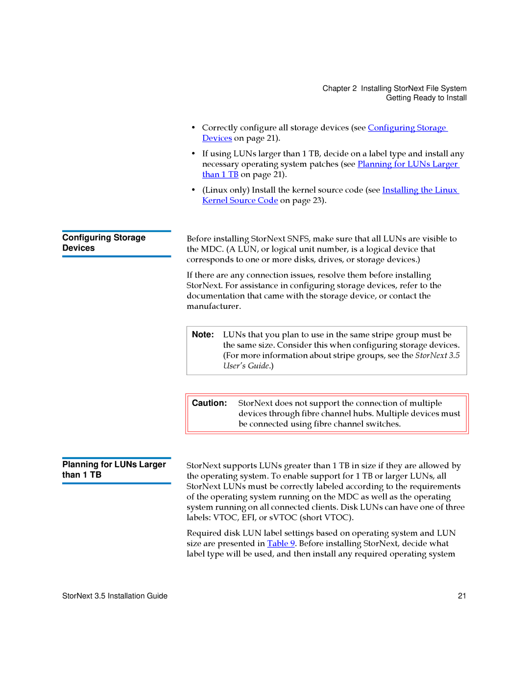 Quantum 3.5 manual Configuring Storage Devices, Planning for LUNs Larger than 1 TB 