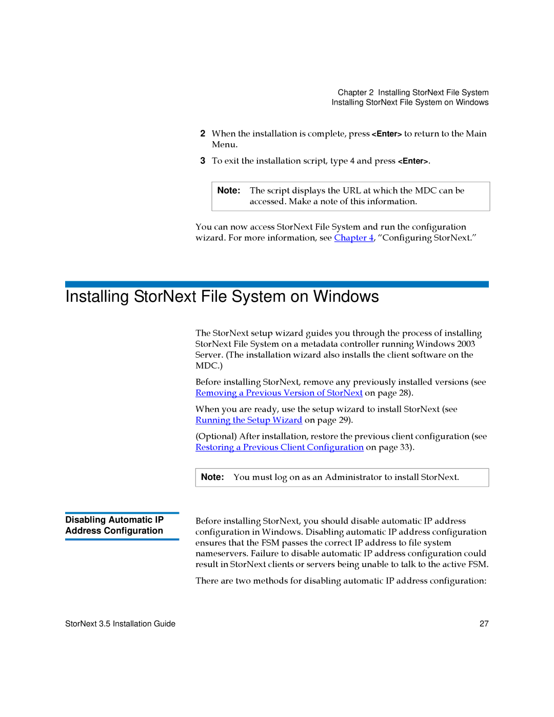 Quantum 3.5 manual Installing StorNext File System on Windows, Disabling Automatic IP Address Configuration 