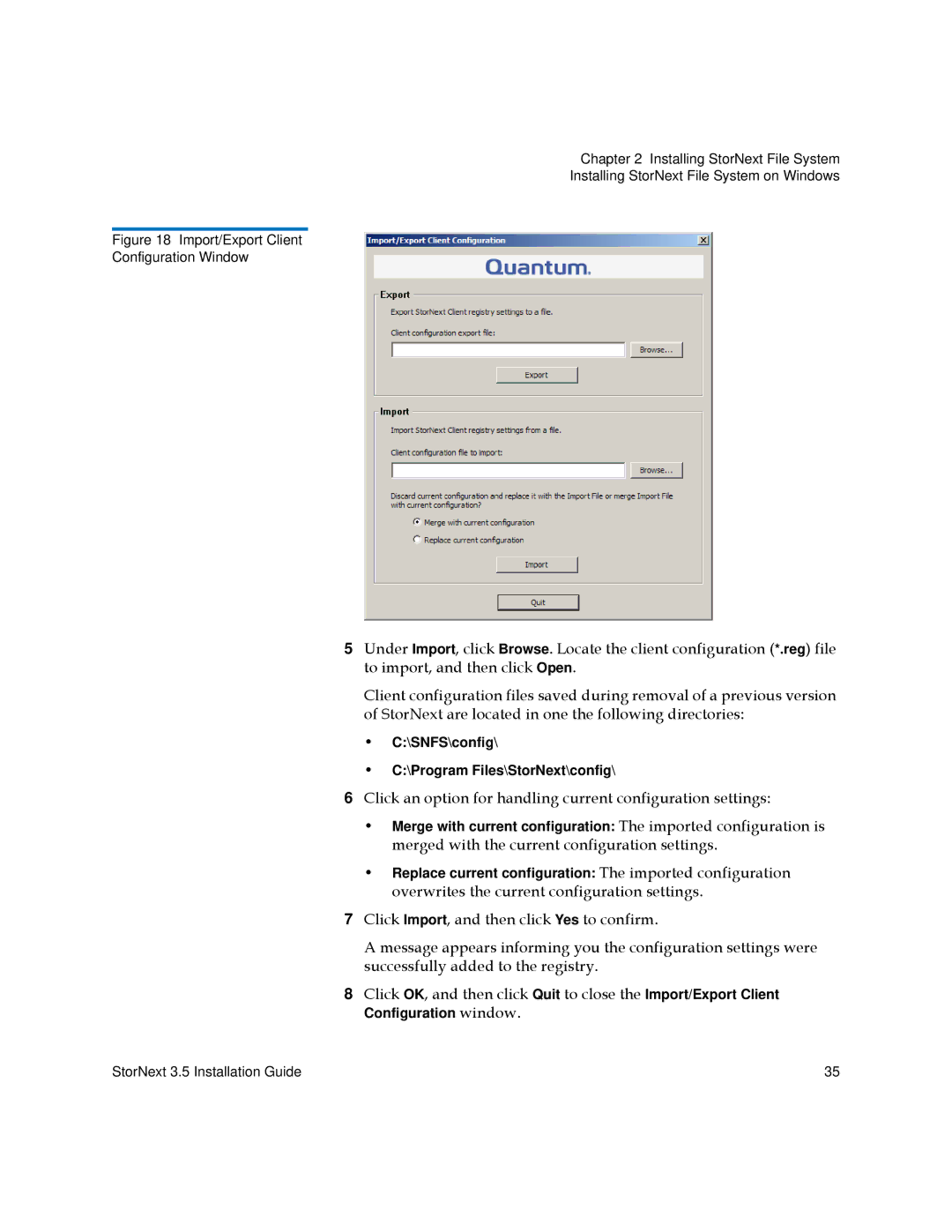 Quantum 3.5 manual Click an option for handling current configuration settings, Import/Export Client Configuration Window 