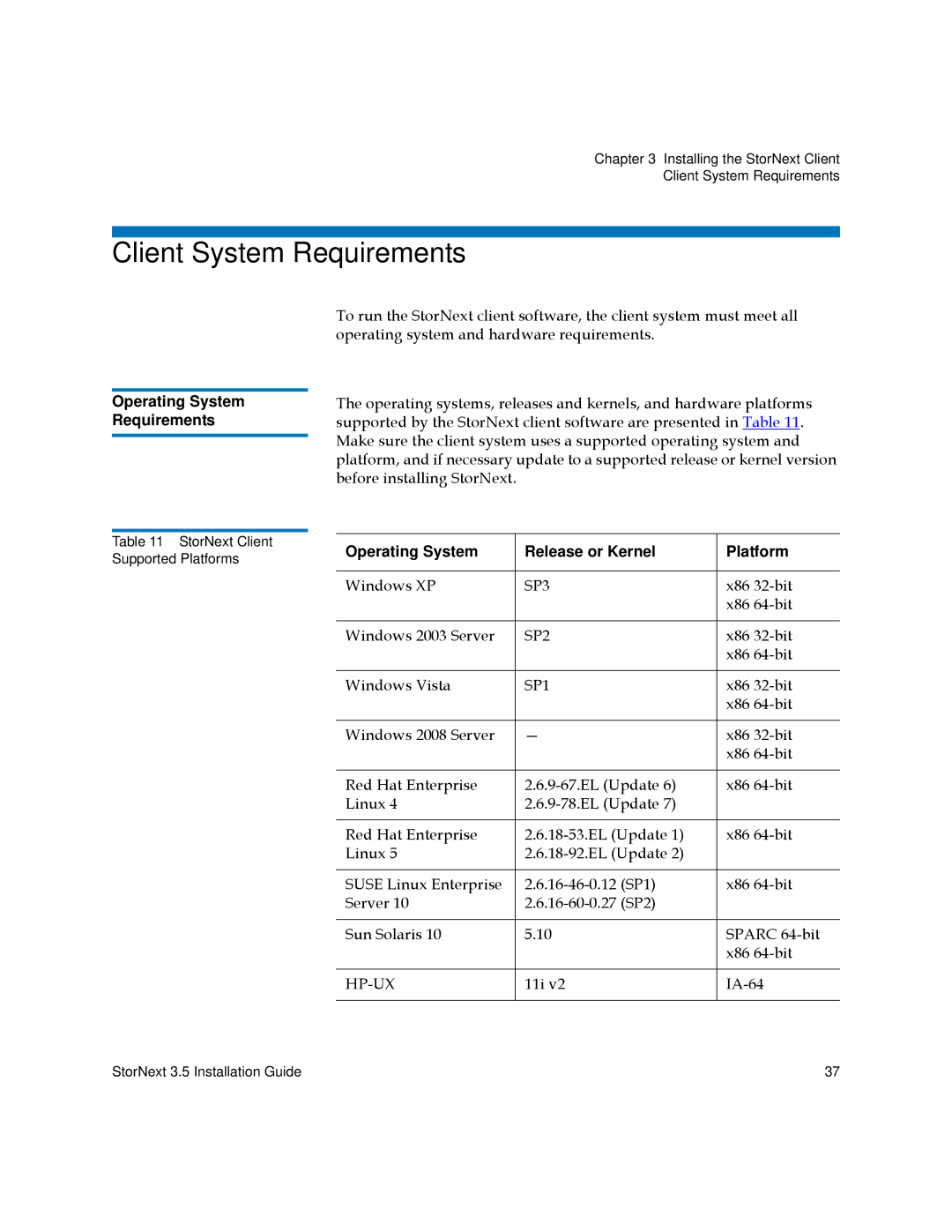 Quantum 3.5 manual Client System Requirements, Operating System Release or Kernel Platform 