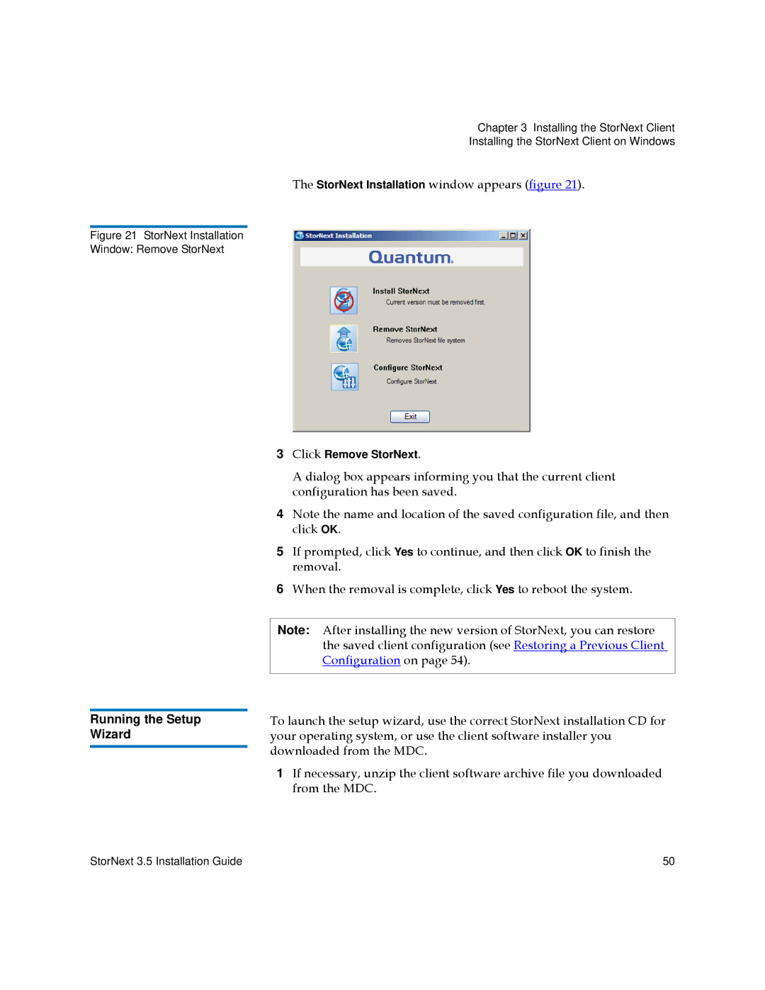 Quantum 3.5 manual StorNext Installation Window Remove StorNext 