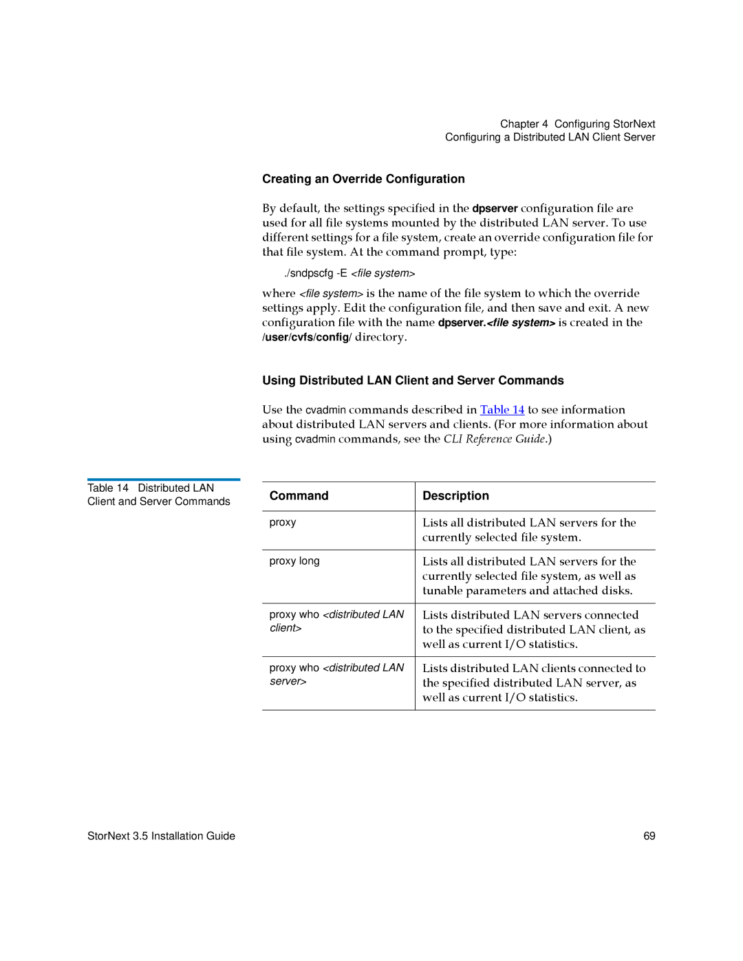 Quantum 3.5 Creating an Override Configuration, Using Distributed LAN Client and Server Commands, Command Description 