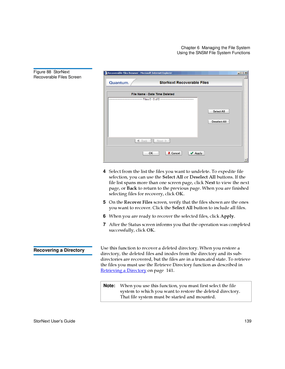 Quantum 3.5.1 manual Recovering a Directory, Retrieving a Directory on 