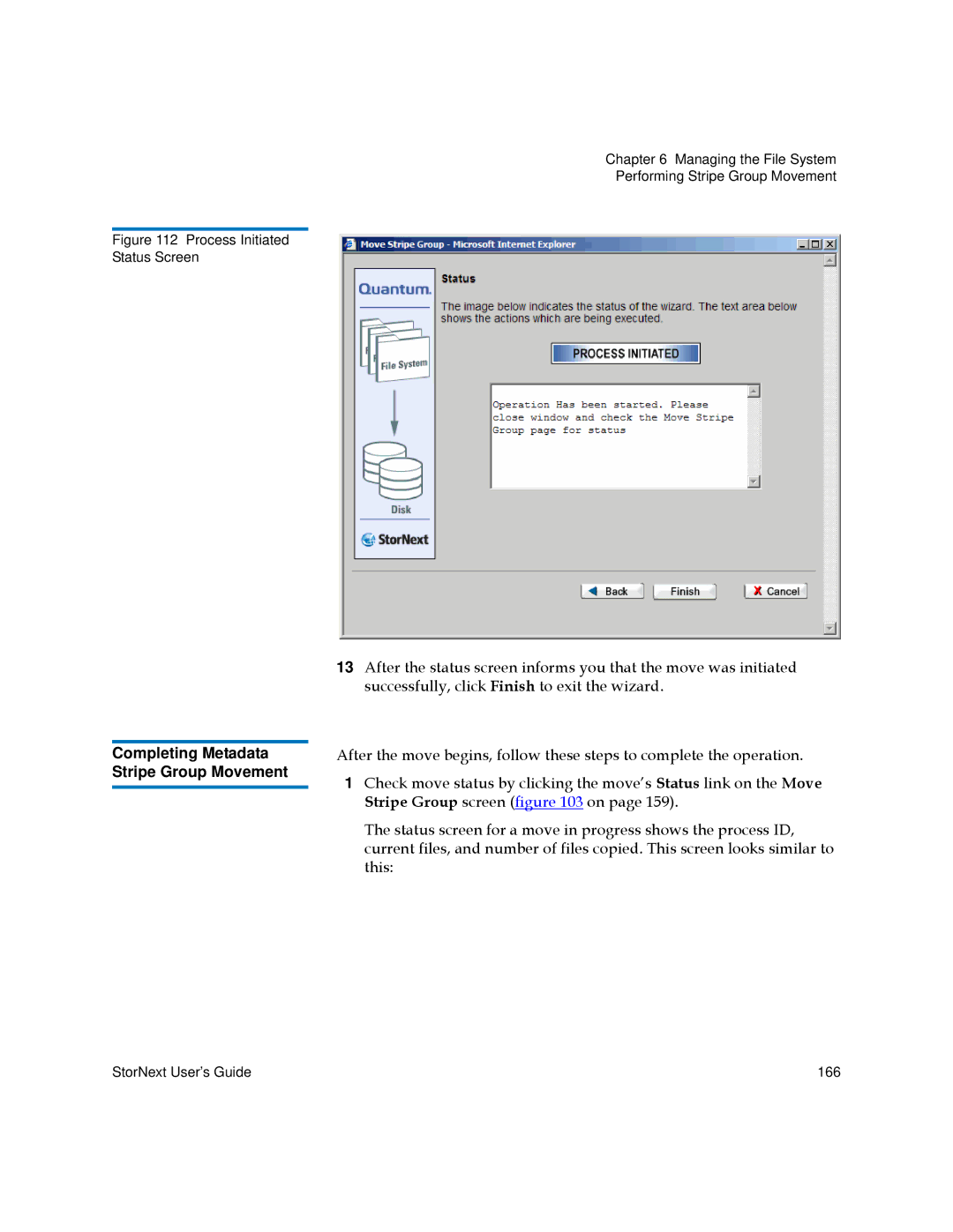 Quantum 3.5.1 manual Completing Metadata Stripe Group Movement, Process Initiated Status Screen 