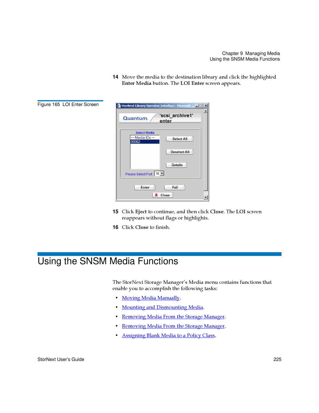 Quantum 3.5.1 manual Using the Snsm Media Functions, LOI Enter Screen 