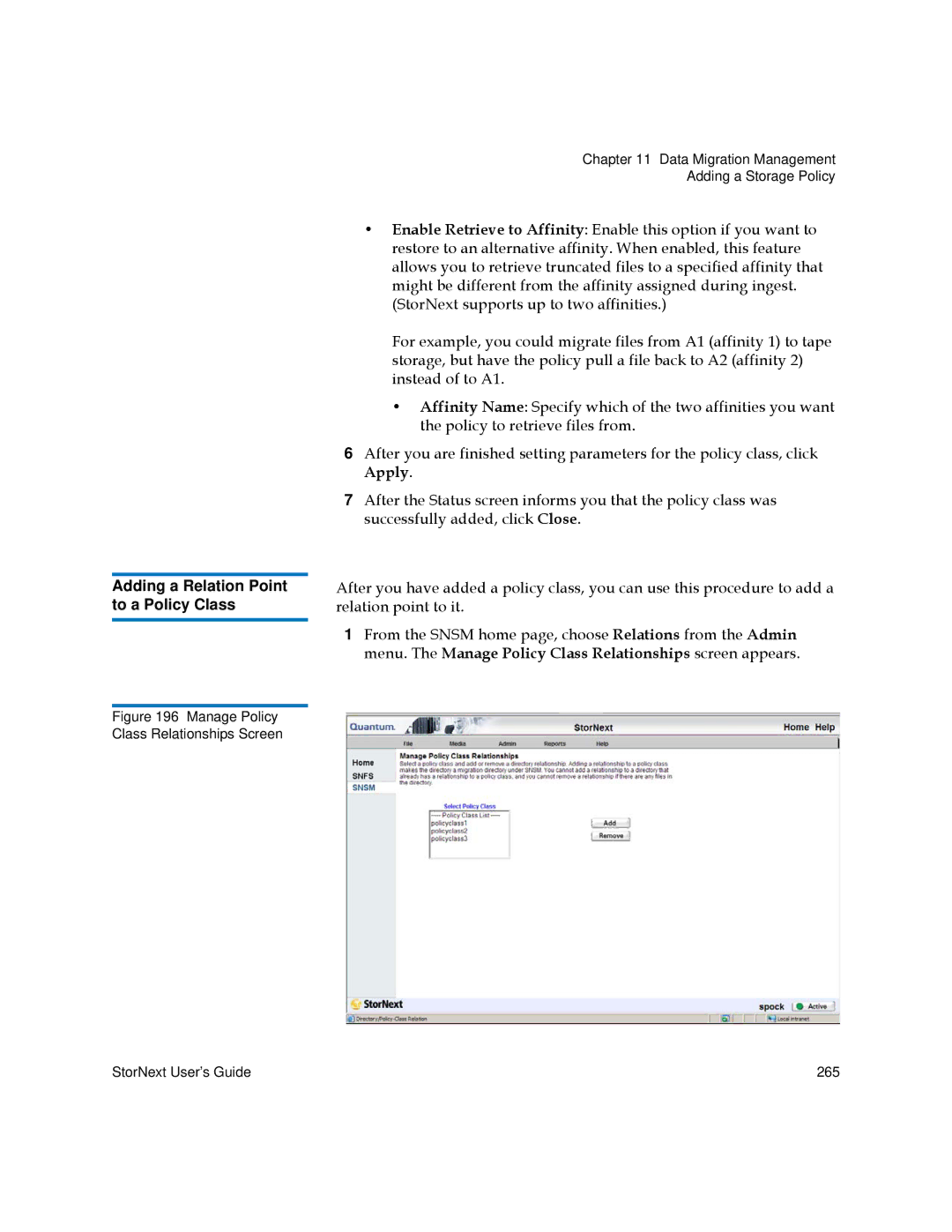 Quantum 3.5.1 manual Adding a Relation Point to a Policy Class, Manage Policy Class Relationships Screen 