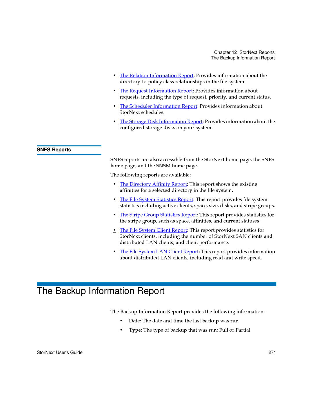 Quantum 3.5.1 manual Backup Information Report, Snfs Reports 