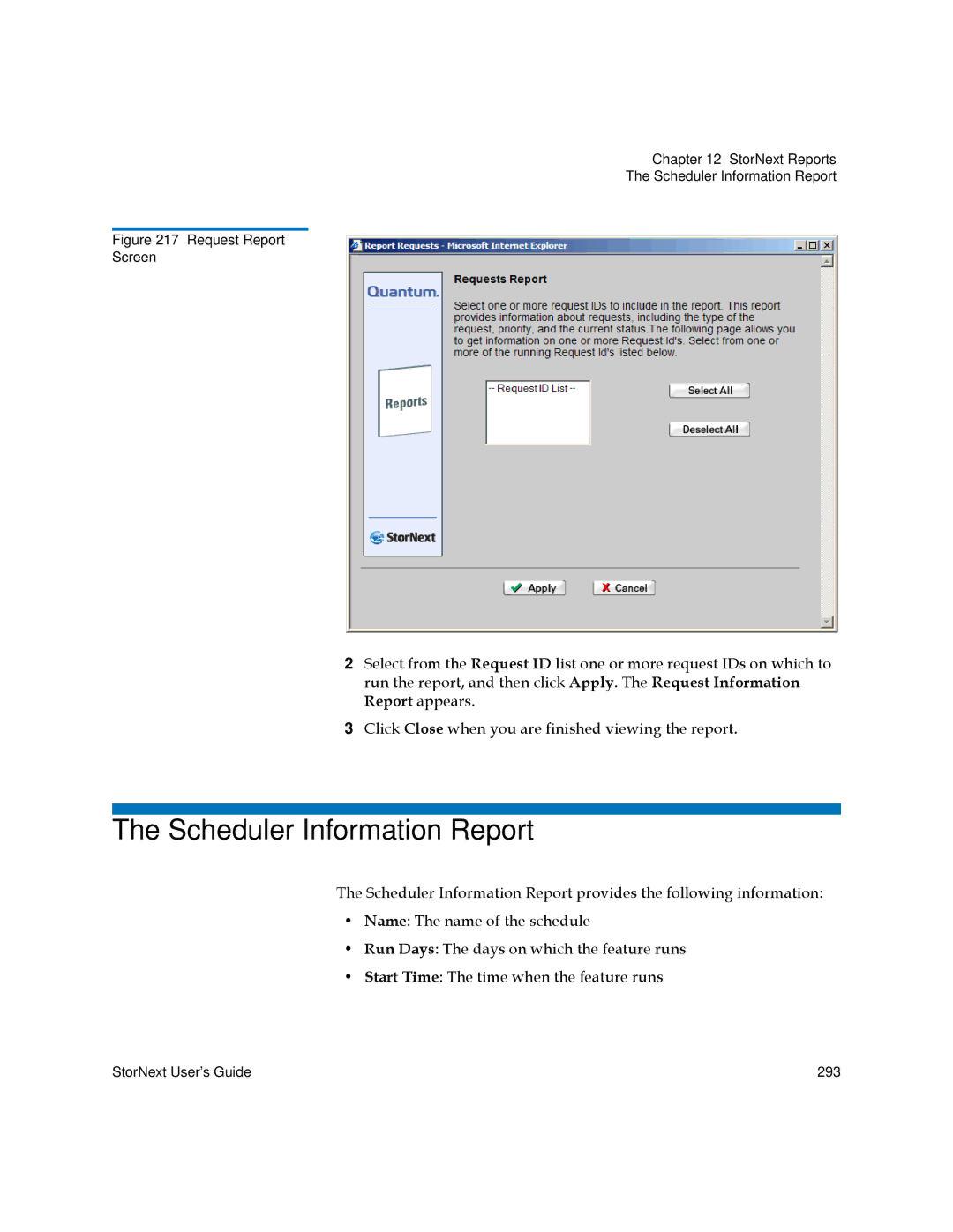 Quantum 3.5.1 manual Scheduler Information Report, Request Report Screen 