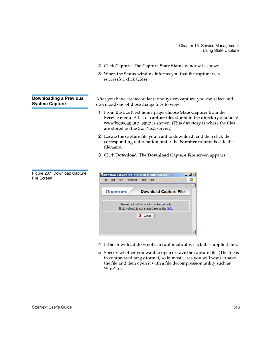 Quantum 3.5.1 manual Downloading a Previous System Capture, Click Download. The Download Capture File screen appears 