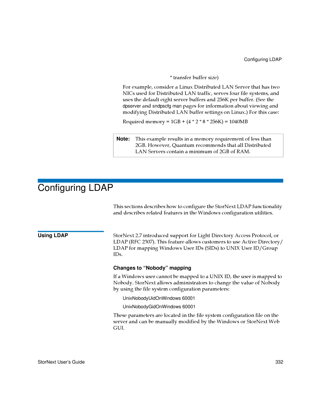 Quantum 3.5.1 manual Configuring Ldap, Using Ldap, Changes to Nobody mapping 