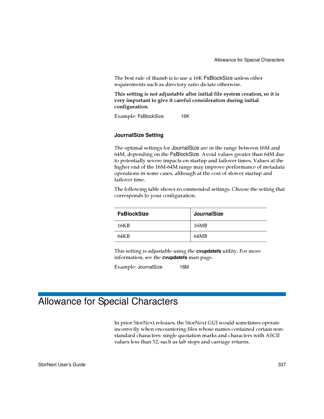 Quantum 3.5.1 manual Allowance for Special Characters, JournalSize Setting, FsBlockSize JournalSize 