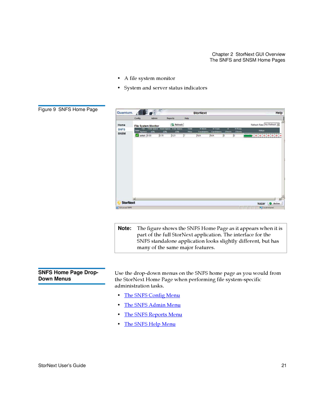 Quantum 3.5.1 manual Snfs Home Page Drop- Down Menus 