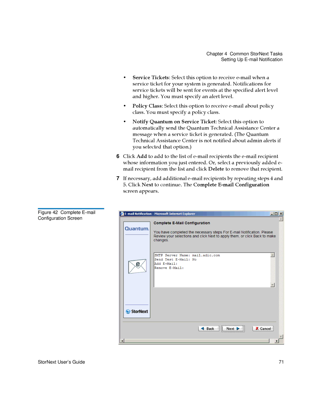 Quantum 3.5.1 manual Complete E-mail Configuration Screen StorNext User’s Guide 