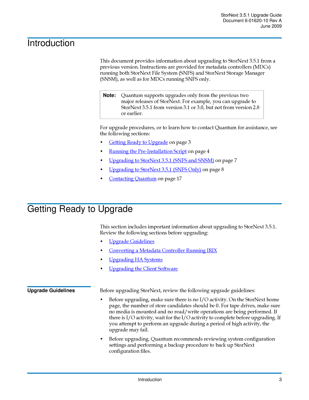 Quantum 3.5.1 manual Introduction, Getting Ready to Upgrade, Upgrade Guidelines 