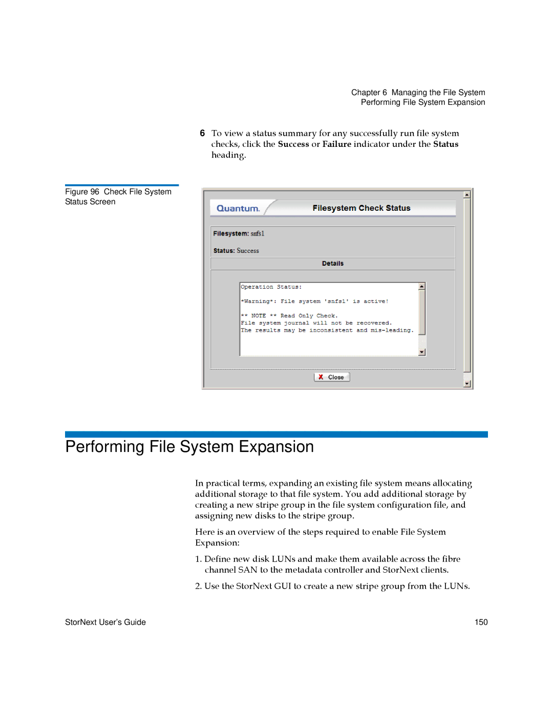 Quantum 3.5.2 manual Performing File System Expansion, Check File System Status Screen 