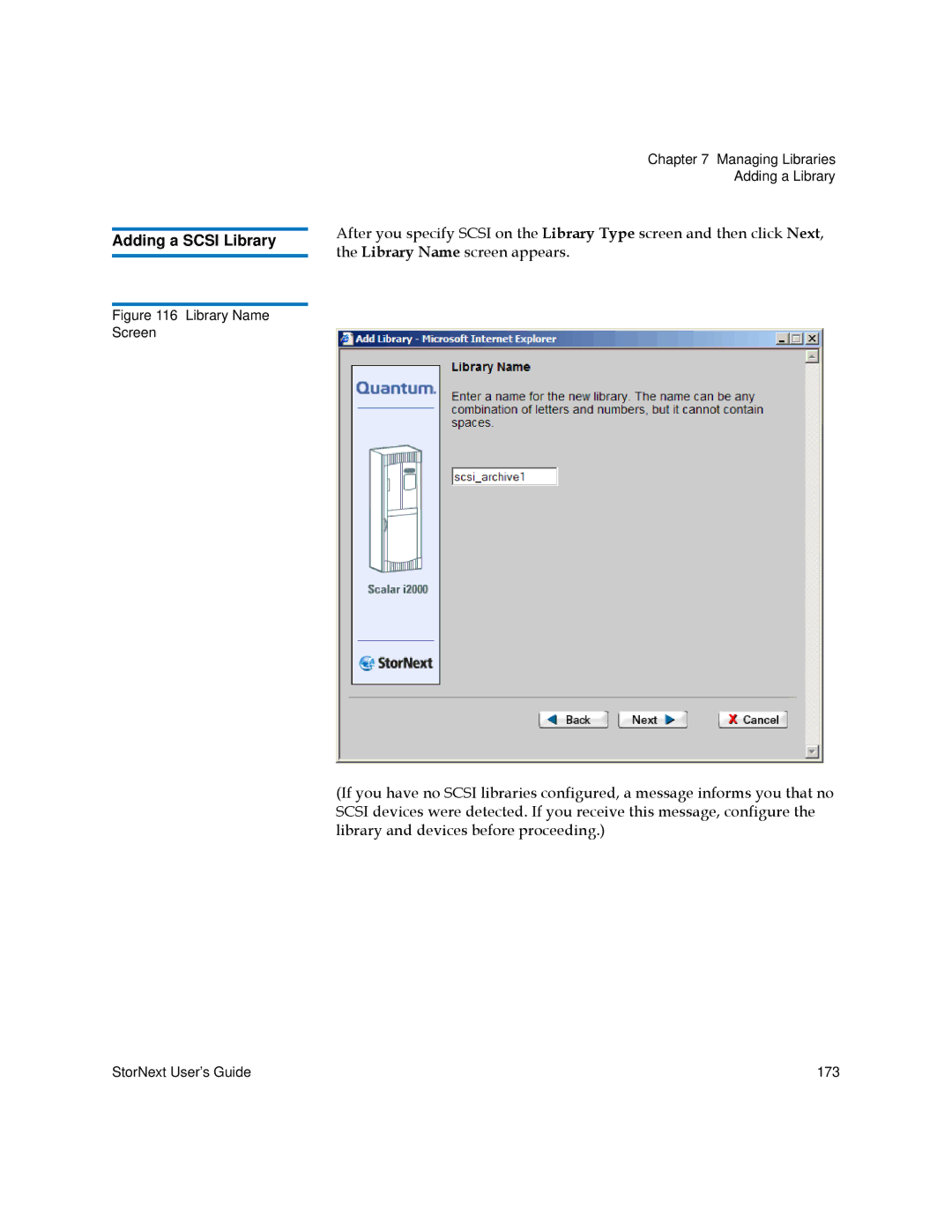 Quantum 3.5.2 manual Adding a Scsi Library, Library Name Screen Managing Libraries Adding a Library 